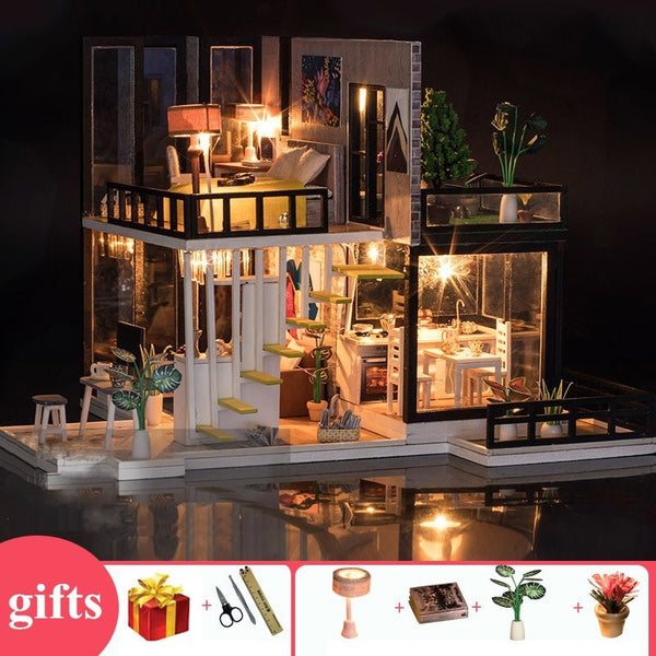 Wooden doll houses kitchen miniature villa dollhouse furniture kit