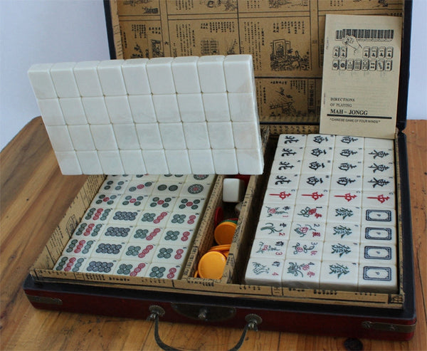 Mini Chinese Antique Mahjong with English Instruction Four Wind MahJong board wooden Box