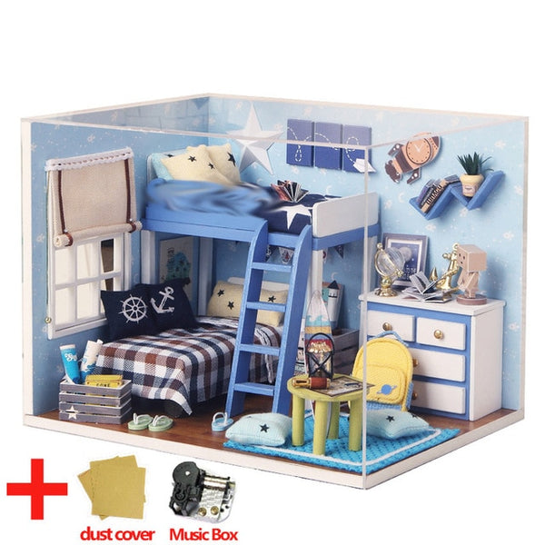 Doll House Furniture DIY Miniature Model Dust Cover 3D Wooden Dollhouse - H013 #E