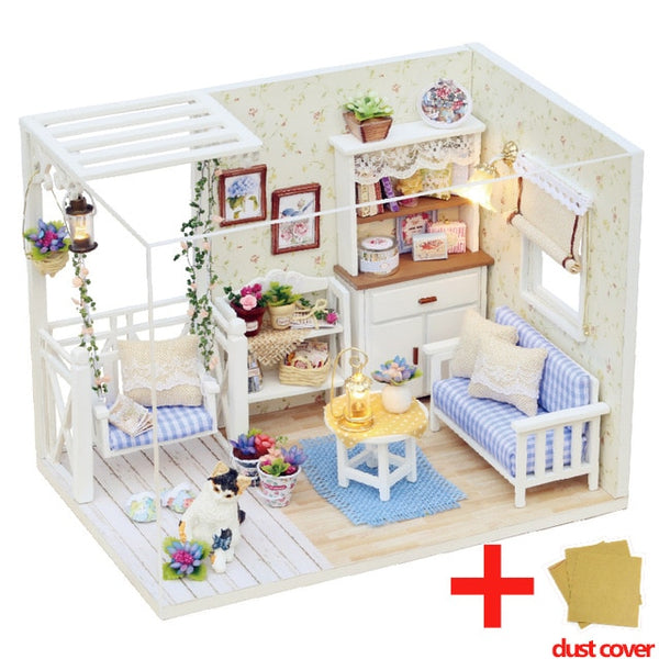 Doll House Furniture DIY Miniature Model Dust Cover 3D Wooden Dollhouse - H013 #E