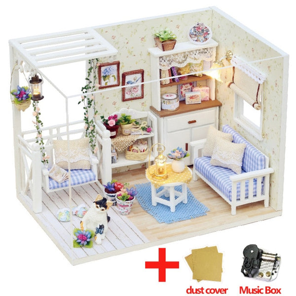 Doll House Furniture DIY Miniature Model Dust Cover 3D Wooden Dollhouse - H013 #E