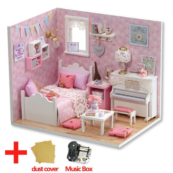 Doll House Furniture DIY Miniature Model Dust Cover 3D Wooden Dollhouse - H013 #E