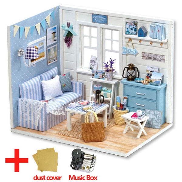 Doll House Furniture DIY Miniature Model Dust Cover 3D Wooden Dollhouse - H013 #E