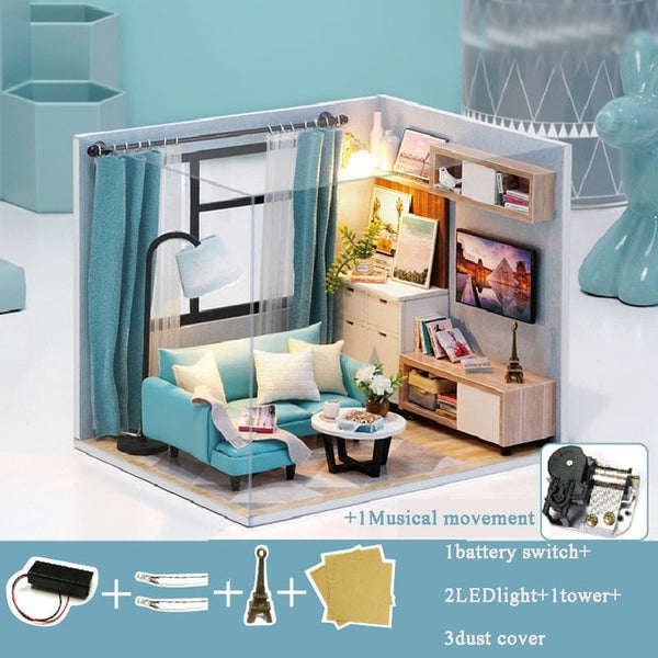 Doll House Furniture DIY Miniature Model Dust Cover 3D Wooden Dollhouse - H013 #E