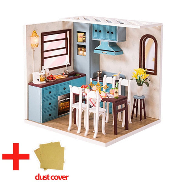 Doll House Furniture DIY Miniature Model Dust Cover 3D Wooden Dollhouse - H013 #E