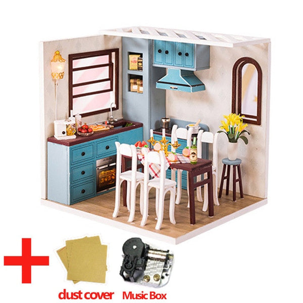 Doll House Furniture DIY Miniature Model Dust Cover 3D Wooden Dollhouse - H013 #E