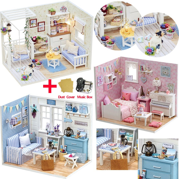 Doll House Furniture DIY Miniature Model Dust Cover 3D Wooden Dollhouse - H013 #E