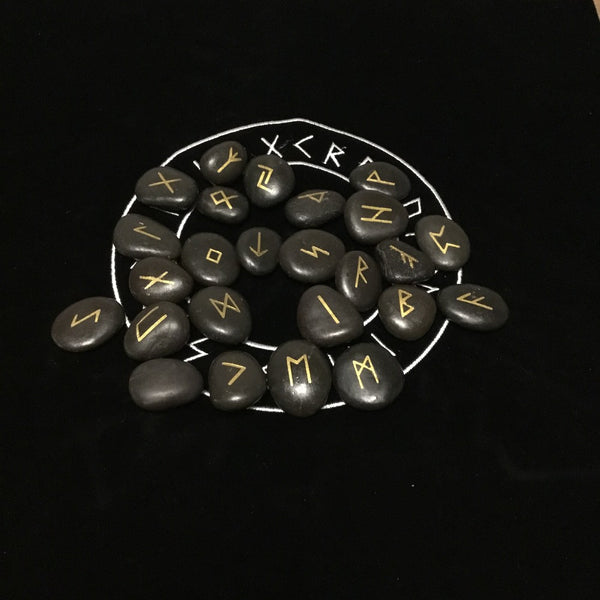 Engraved Riverstones Viking Rune Stones Set - Carved Black Lettering Board Game