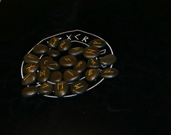 Engraved Riverstones Viking Rune Stones Set - Carved Black Lettering Board Game