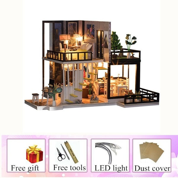 Wooden doll houses kitchen miniature villa dollhouse furniture kit