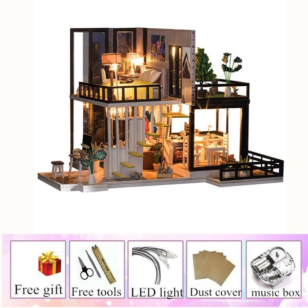 Wooden doll houses kitchen miniature villa dollhouse furniture kit