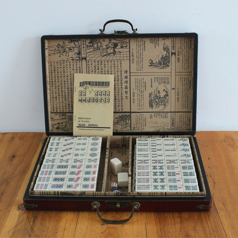 Mini Chinese Antique Mahjong with English Instruction Four Wind MahJong board wooden Box