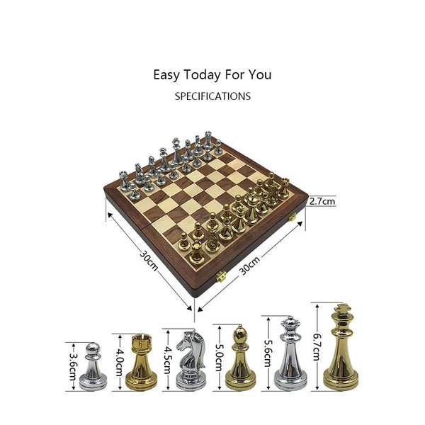 Metal Glossy Golden And Silver Chess Pieces Solid Wooden Folding - High Grade Professional