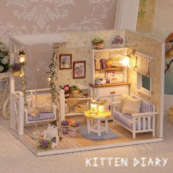 Doll House Furniture DIY Miniature Model Dust Cover 3D Wooden Dollhouse - H013 #E